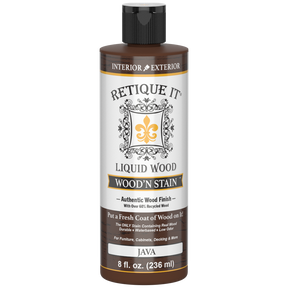 Retique It Liquid Wood Wood'n Stain in Java, 8 oz bottle, showcasing the rich brown stain suitable for wood finishing.