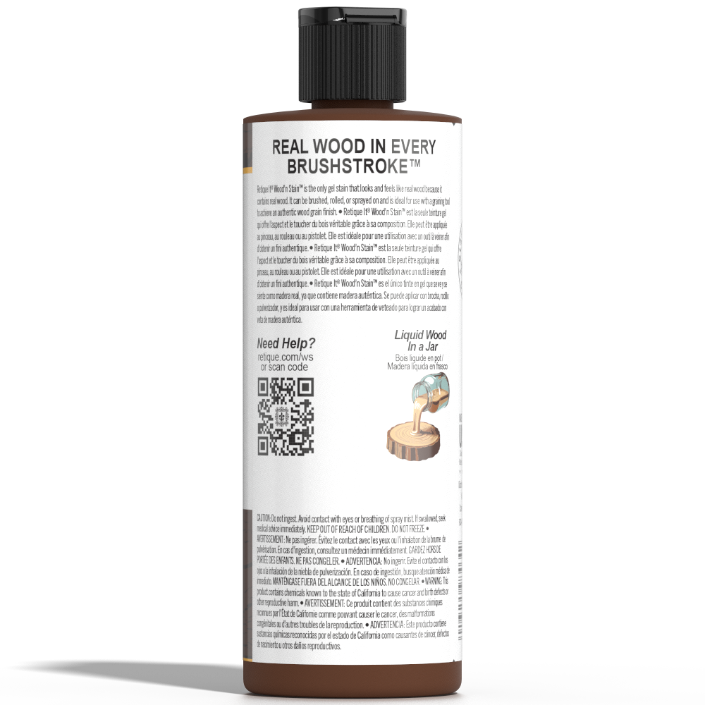 Retique It Liquid Wood Wood'n Stain in Java, 8 oz, showcasing the rich brown stain and smooth application on wood surface.