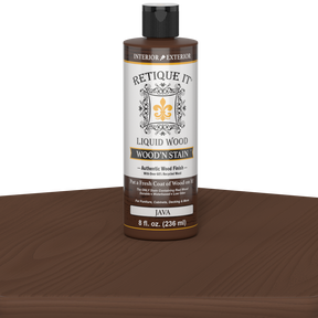 Retique It Liquid Wood Wood'n Stain in Java color, 8 oz bottle, showcasing the rich wood stain product with a natural wood finish.