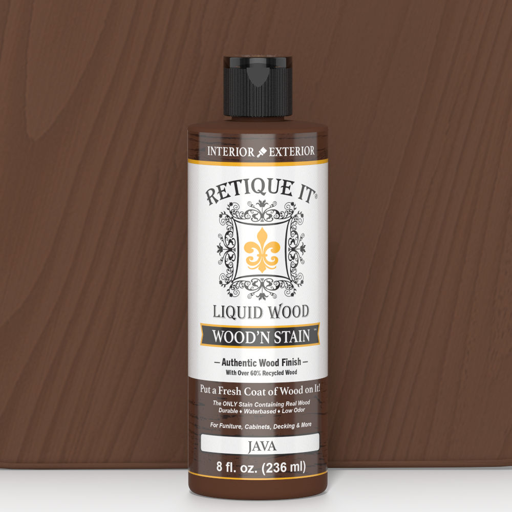 Retique It Liquid Wood Wood'n Stain in Java, 8 oz bottle, showcasing the rich, warm wood stain color and packaging.