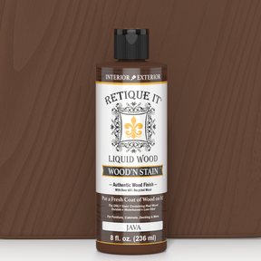 Retique It Liquid Wood Wood'n Stain in Java, 8 oz bottle, showcasing the rich, warm wood stain color and packaging.