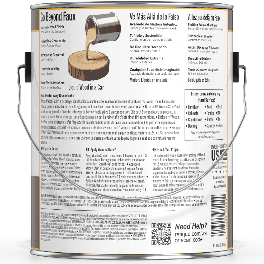 Retique It Liquid Wood Wood'n Stain in Java, 128 oz, showcasing the rich wood stain color and packaging.
