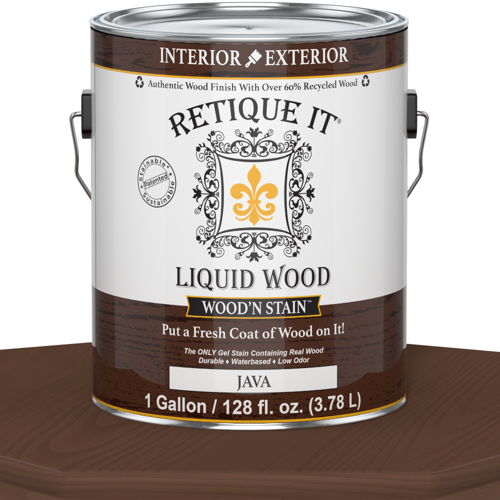 Retique It Liquid Wood Wood'n Stain in Java, 128 oz, showing the rich dark brown stain applied to wood for a natural finish.