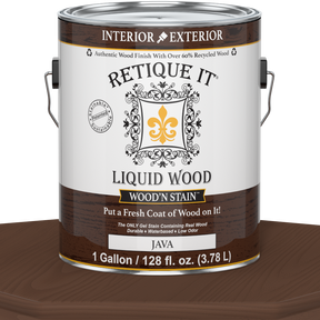 Retique It Liquid Wood Wood'n Stain in Java, 128 oz, showing the rich dark brown stain applied to wood for a natural finish.