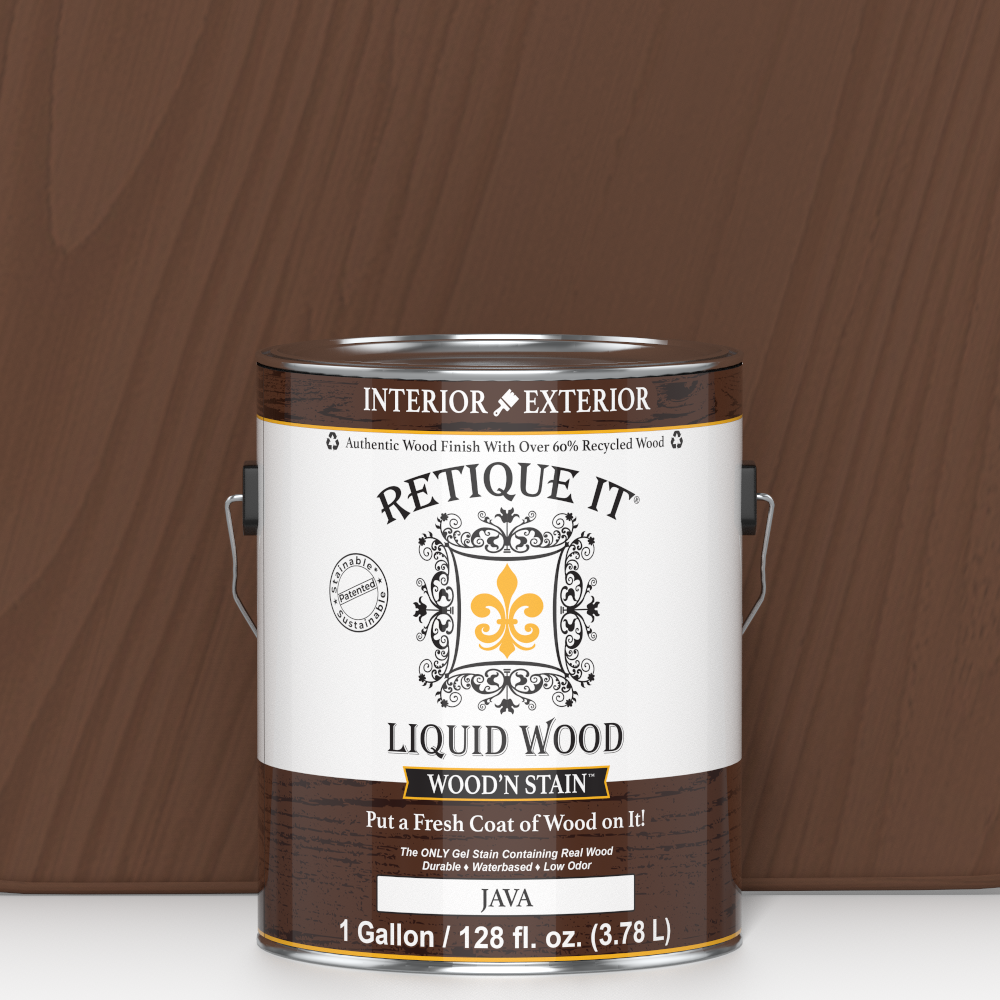 Retique It Liquid Wood Wood'n Stain in Java, 128 oz bottle, showcasing the deep brown stain for wood finishing projects.