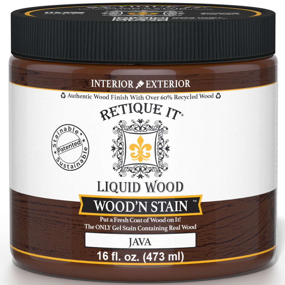 Retique It Liquid Wood Wood'n Stain in Java, 16 oz, a wood stain with rich, warm brown color for woodworking projects.