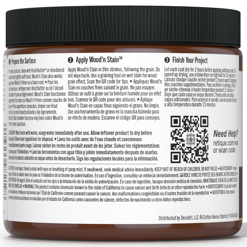 Retique It Liquid Wood Wood'n Stain in Java, 16 oz, showcasing the rich, warm wood stain color in a container with stain application tools.