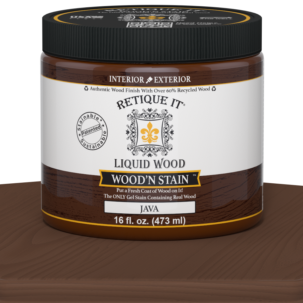 Retique It Liquid Wood Wood'n Stain in Java, 16 oz, showing the rich, dark wood stain color in a container.