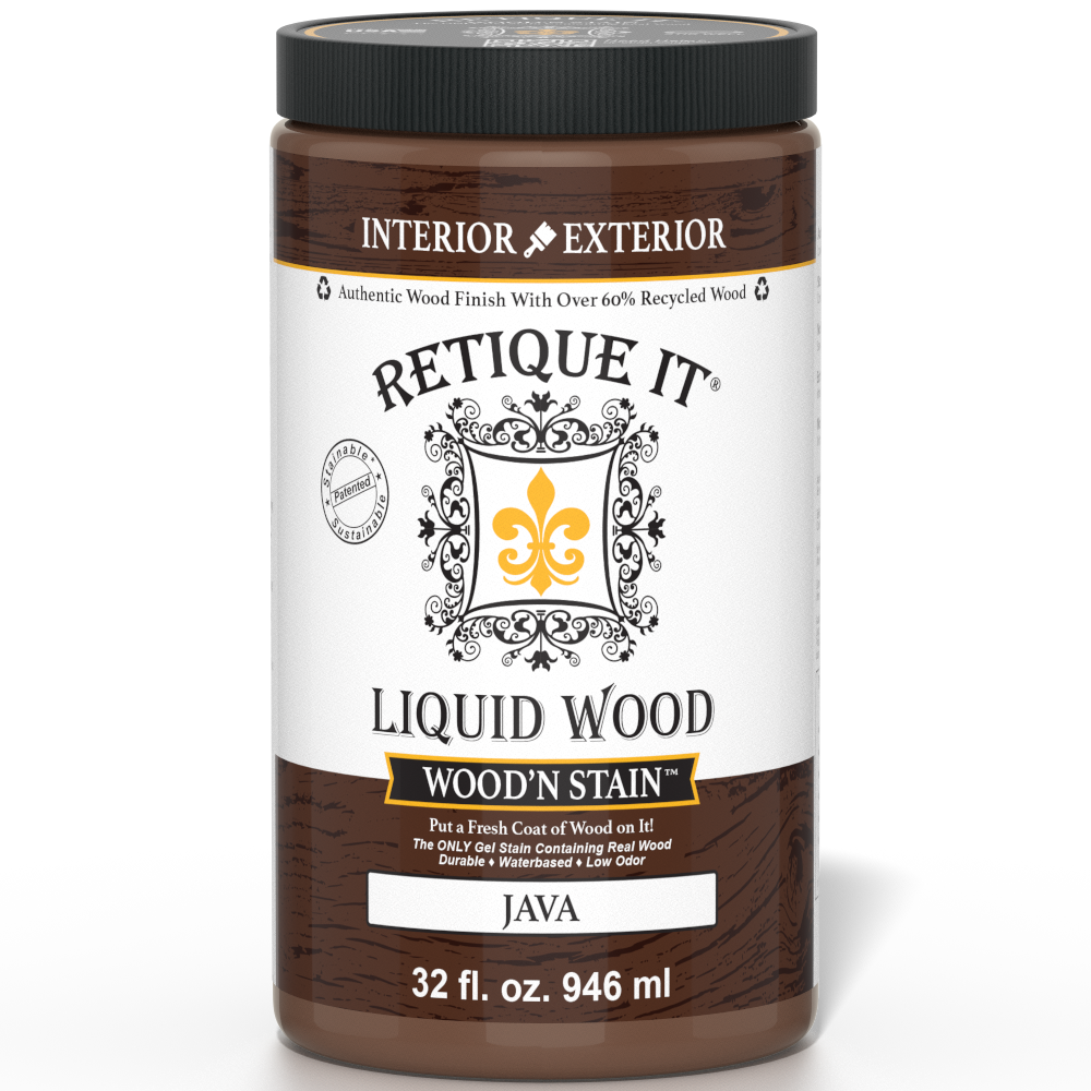 Retique It Liquid Wood Wood'n Stain in Java, 32 oz bottle, showcasing the rich dark wood stain for furniture and cabinetry.