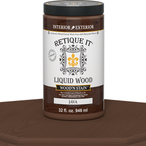Retique It Liquid Wood Wood'n Stain in Java, 32 oz bottle, showcasing the rich wood stain color and applicator cap.