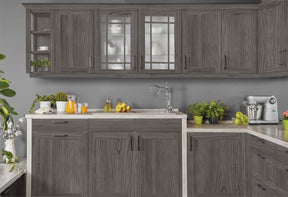 Retique It Wood'n Finish Kit in Harbor Gray, interior top coat applied on kitchen cabinets with a grained wood finish.