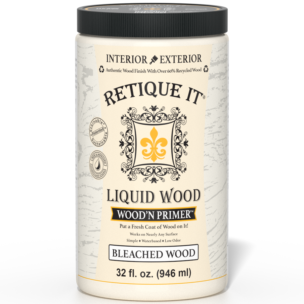 Retique It® Wood'n Primer in Bleached Wood, a primer for wood surfaces, showing a close-up of the primer container with wood grain background.