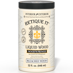 Retique It® Wood'n Primer in Bleached Wood, a primer for wood surfaces, showing a close-up of the primer container with wood grain background.