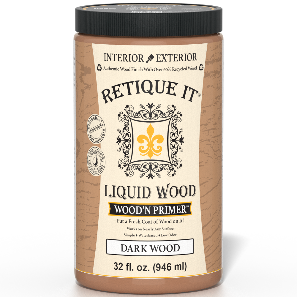 Retique It® Wood'n Primer in Dark Wood, a primer designed for dark wood surfaces, shown in a close-up of the product container.