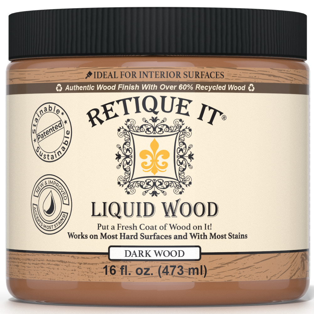 Dark Liquid Wood interior paint by Retique It® showing a smooth, rich dark wood finish applied to a surface.