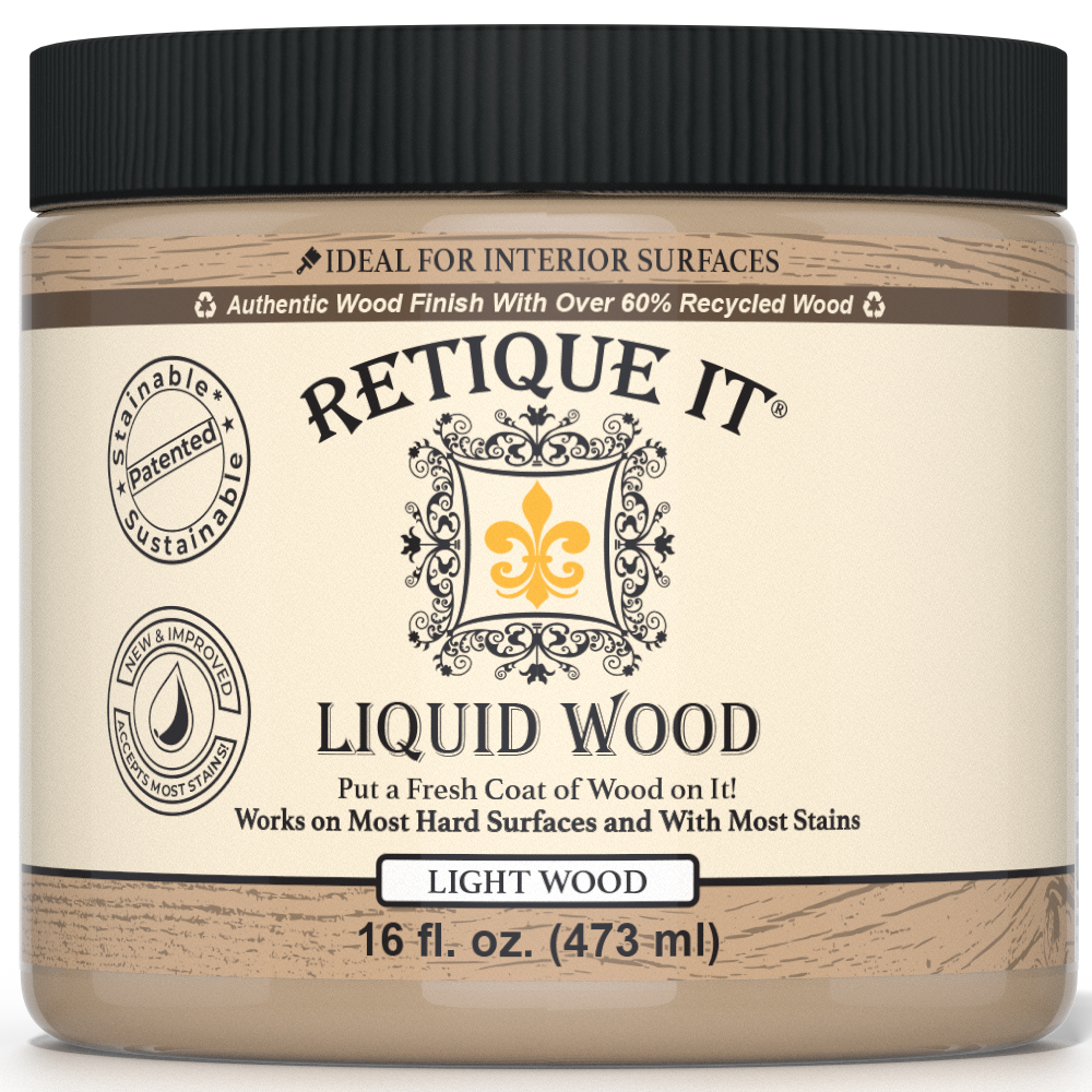 Retique It® Liquid Wood 16oz light interior paint in a jar, showing smooth wood finish for furniture or walls.