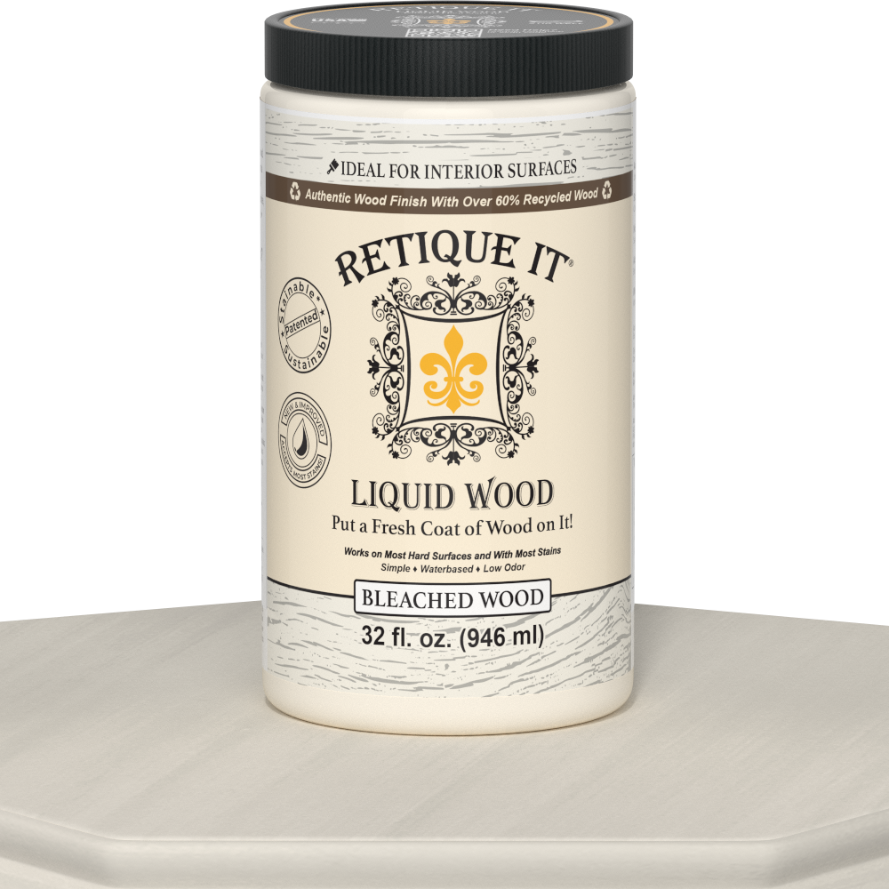 Liquid Wood 32oz Bleached interior paint by Retique It® showing a can of the wood finish with a bleached appearance and product label.