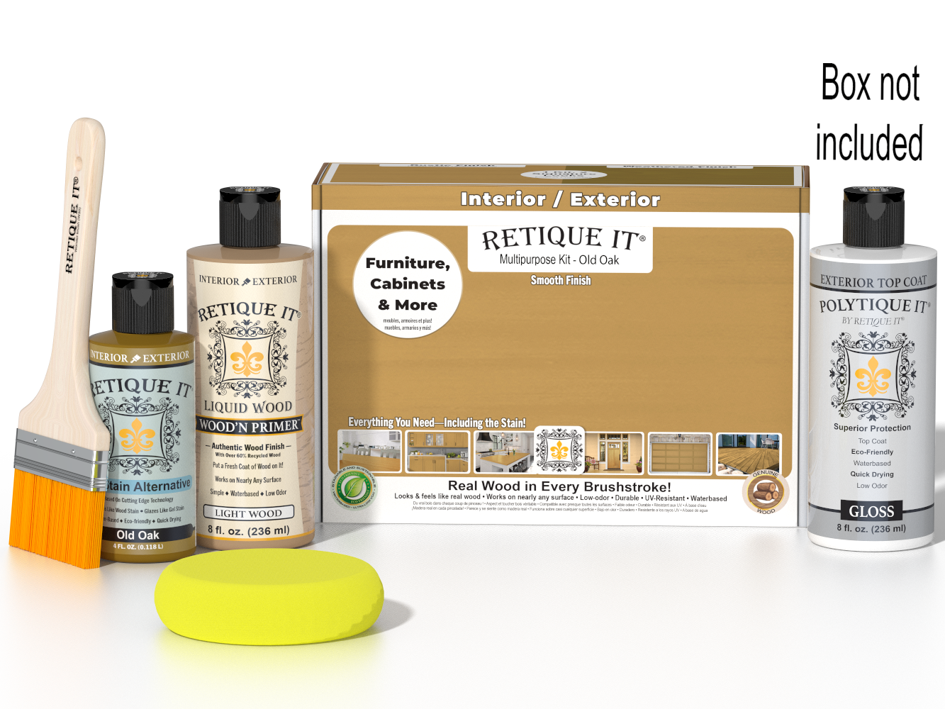 Retique It® Multi-purpose Smooth Finish Kit in Old Oak for exterior wood, includes gloss top coat and application tools.
