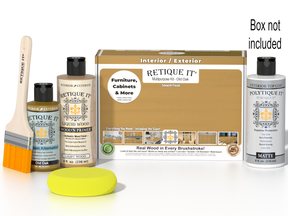 Retique It® Multi-purpose Smooth Finish Kit in Old Oak for exterior wood furniture with matte top coat, includes application tools.