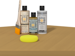 Retique It® Multi-purpose Smooth Finish Kit in Old Oak with exterior satin top coat, shown on a wooden table.