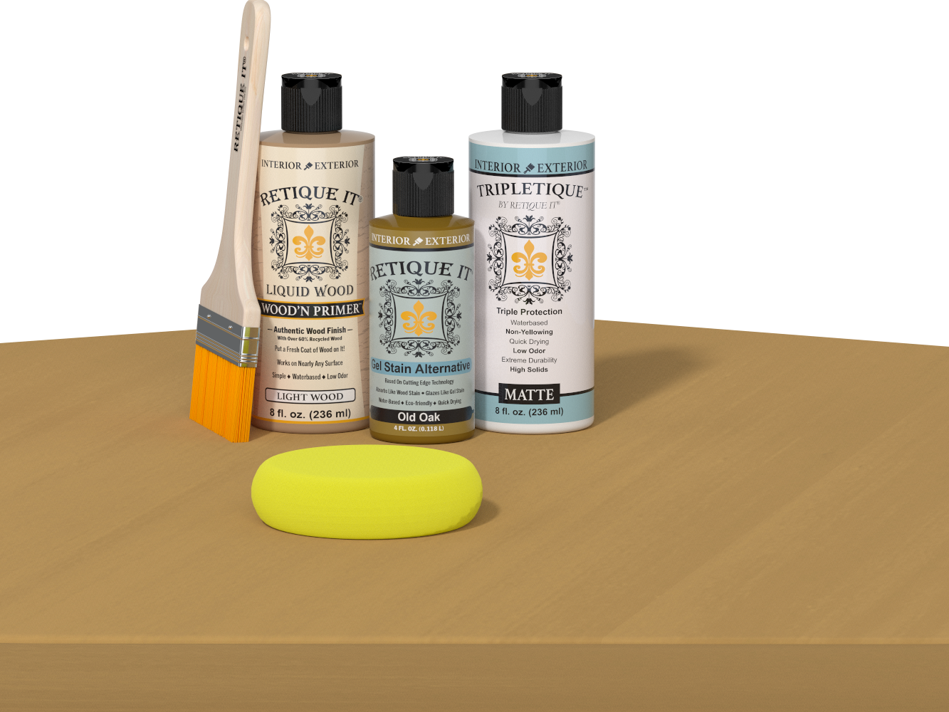 Retique It® Multi-purpose Smooth Finish Kit in Old Oak for interior wood projects, featuring satin top coat and wood finish accessories.