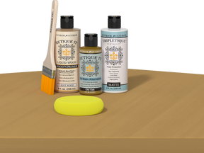 Retique It® Multi-purpose Smooth Finish Kit in Old Oak for interior wood projects, featuring satin top coat and wood finish accessories.