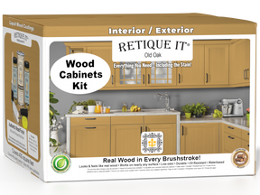 Retique It® Wood'n Cabinet Kit with 48 smooth Old Oak stained cabinet doors, shown in a 3D box view.