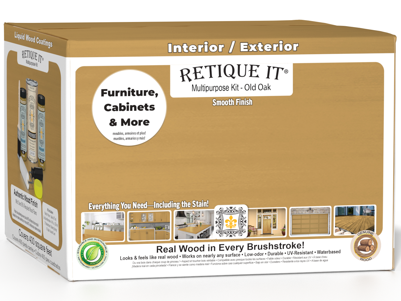 Retique It® Multi-purpose Smooth Finish Kit in Old Oak for exterior wood projects, including four large containers of top coat.