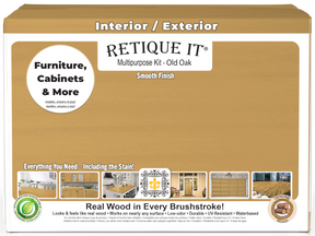 Retique It® Multi-purpose Smooth Finish Kit in Old Oak for interior wood top coating, featuring four large containers with branding.