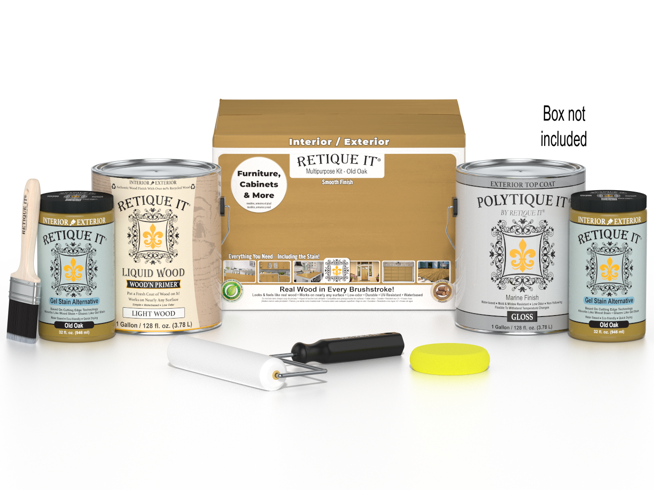 Retique It® Multi-purpose Smooth Finish Kit in Old Oak for exterior wood surfaces, includes four large top coat containers.