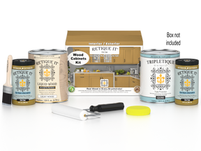 Retique It® Wood'n Cabinet Kit with 48 smooth old oak stained cabinet doors, shown with box and hardware.