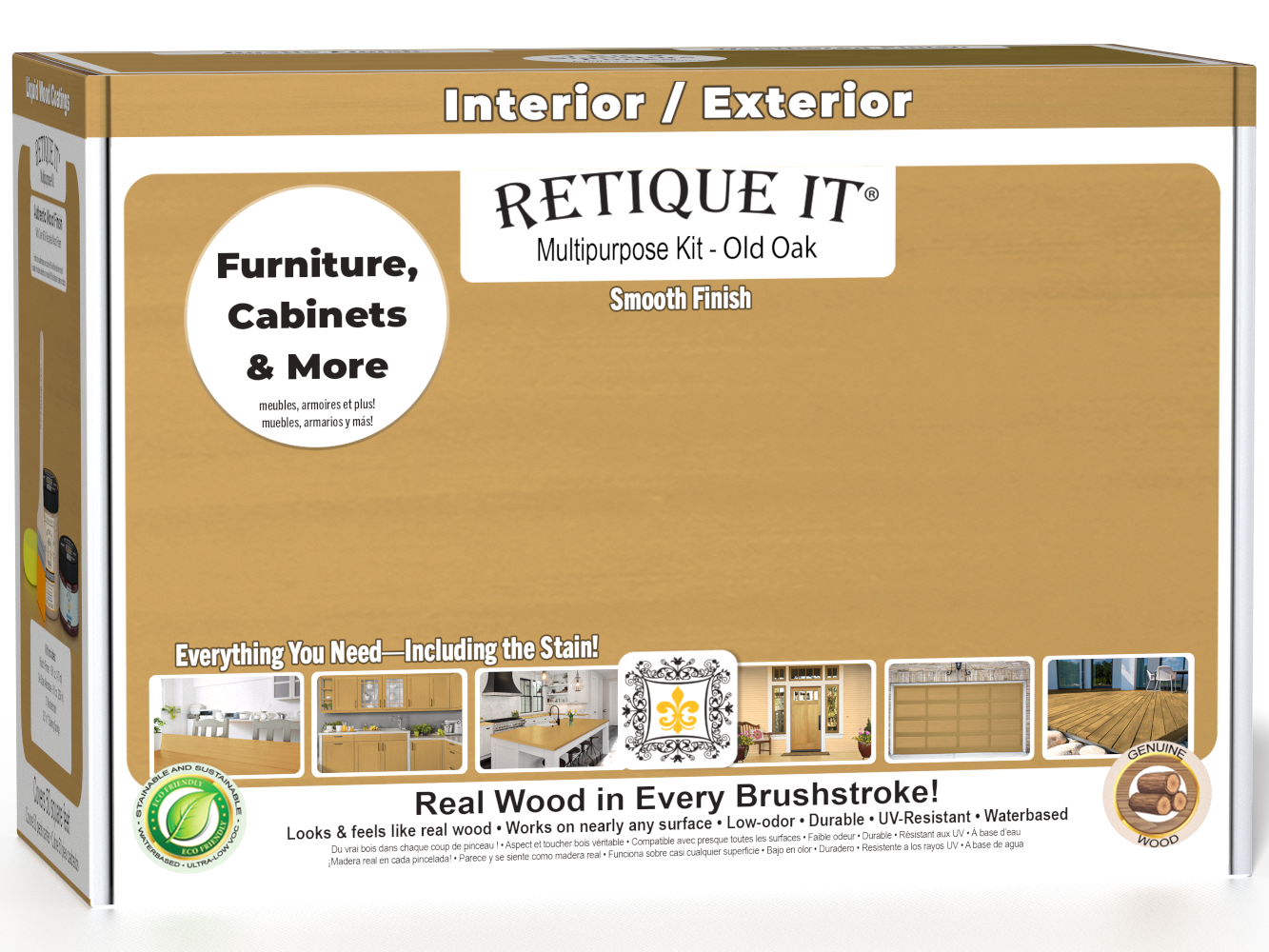 Retique It® Multi-purpose Smooth Finish Kit (Med) in Old Oak for wood exterior top coat, includes application tools and wood stain.