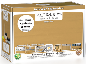 Retique It® Multi-purpose Smooth Finish Kit in Old Oak wood finish, includes tools and materials for wood finishing projects.