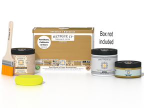 Retique It® Multi-purpose Smooth Finish Kit in Old Oak for exterior wood surfaces, includes top coat and application tools.