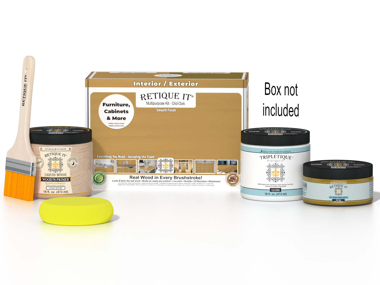Retique It® Multi-purpose Smooth Finish Kit in Old Oak for interior wood projects, includes gloss top coat and application tools.