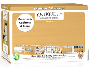 Retique It® Multi-purpose Smooth Finish Kit (Large) in Old Oak, featuring interior top coat and wood finishing components in a box.