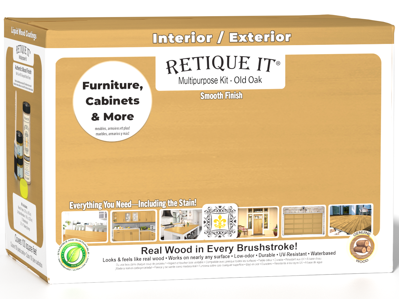 Retique It® Multi-purpose Smooth Finish Kit (Large) in Old Oak wood stain with applicator brushes and finishing tools.