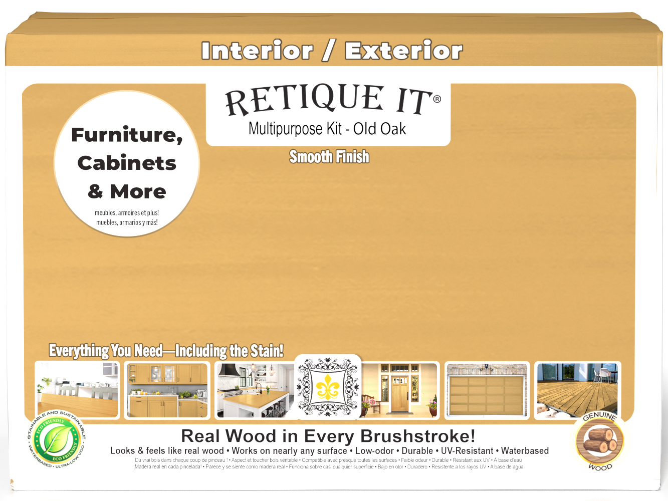 Retique It® Multi-purpose Smooth Finish Kit (Large) in Old Oak for wood interior top coat, showing the front of the box.
