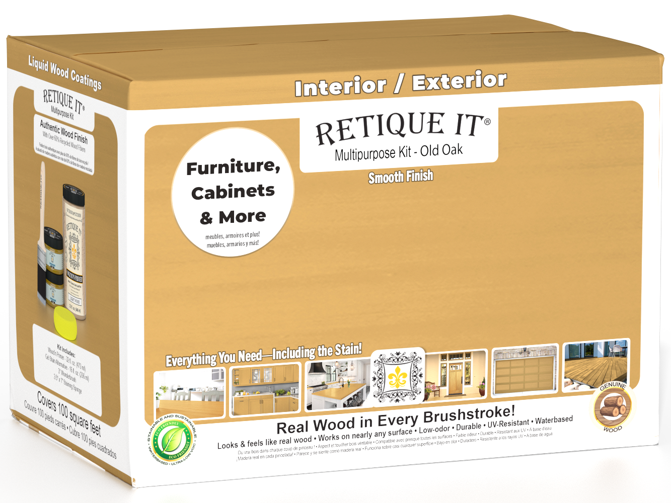 Retique It® Multi-purpose Smooth Finish Kit (Large) in Old Oak for interior wood top coat, includes brushes and finishing tools.
