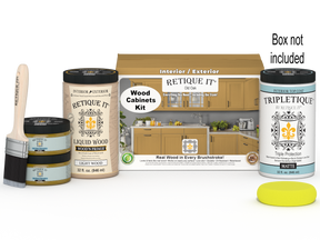 Retique It Wood'n Cabinet Kit in Old Oak stain with 12 smooth cabinet doors, shown with box packaging and stain application.