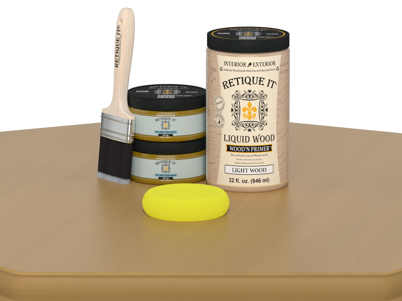 Retique It® Multi-purpose Smooth Finish Kit (Large) in Old Oak, showing a wood finish application on a table surface.