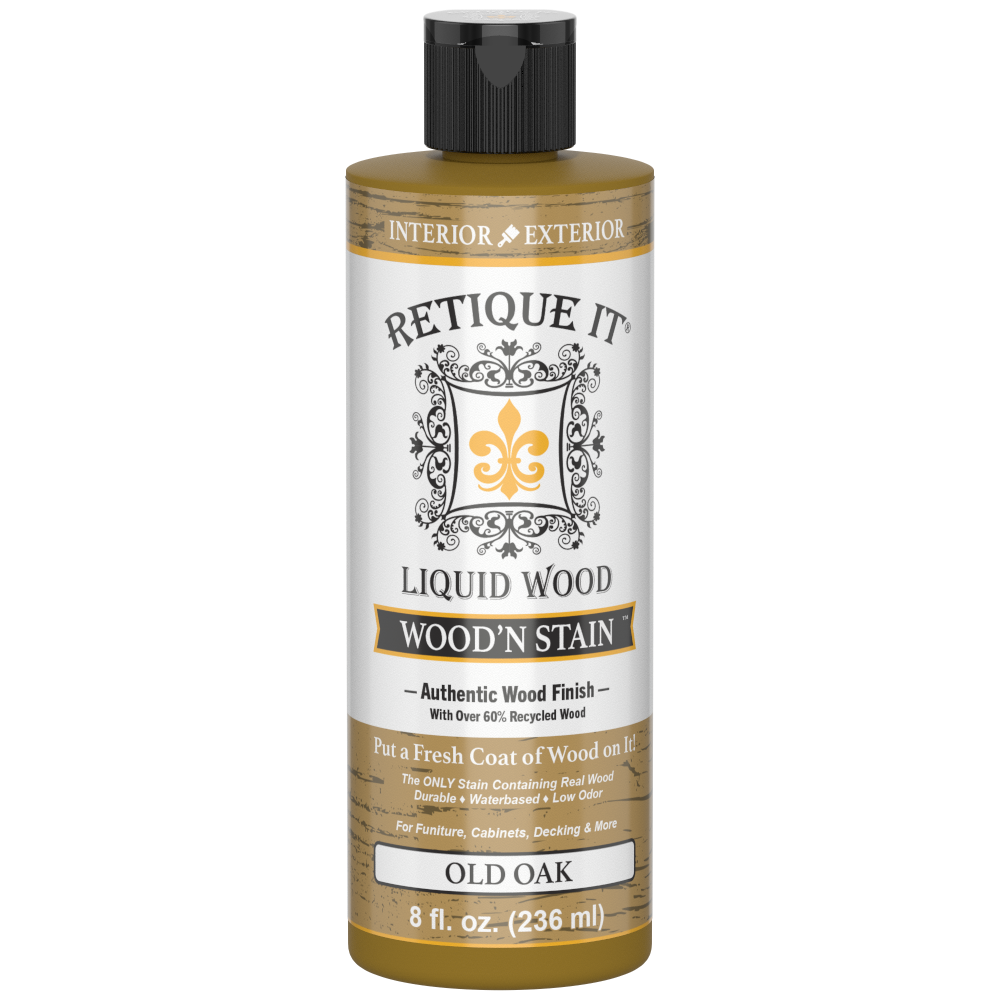 Retique It Liquid Wood Wood'n Stain in Old Oak, 8 oz bottle, showing the stain's rich oak color and smooth liquid consistency.