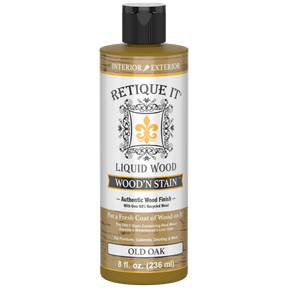 Retique It Liquid Wood Wood'n Stain in Old Oak, 8 oz bottle, showing the stain's rich oak color and smooth liquid consistency.