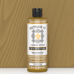 Retique It Liquid Wood Wood'n Stain in Old Oak color, 8 oz bottle, showcasing the stain's rich wood finish and packaging.