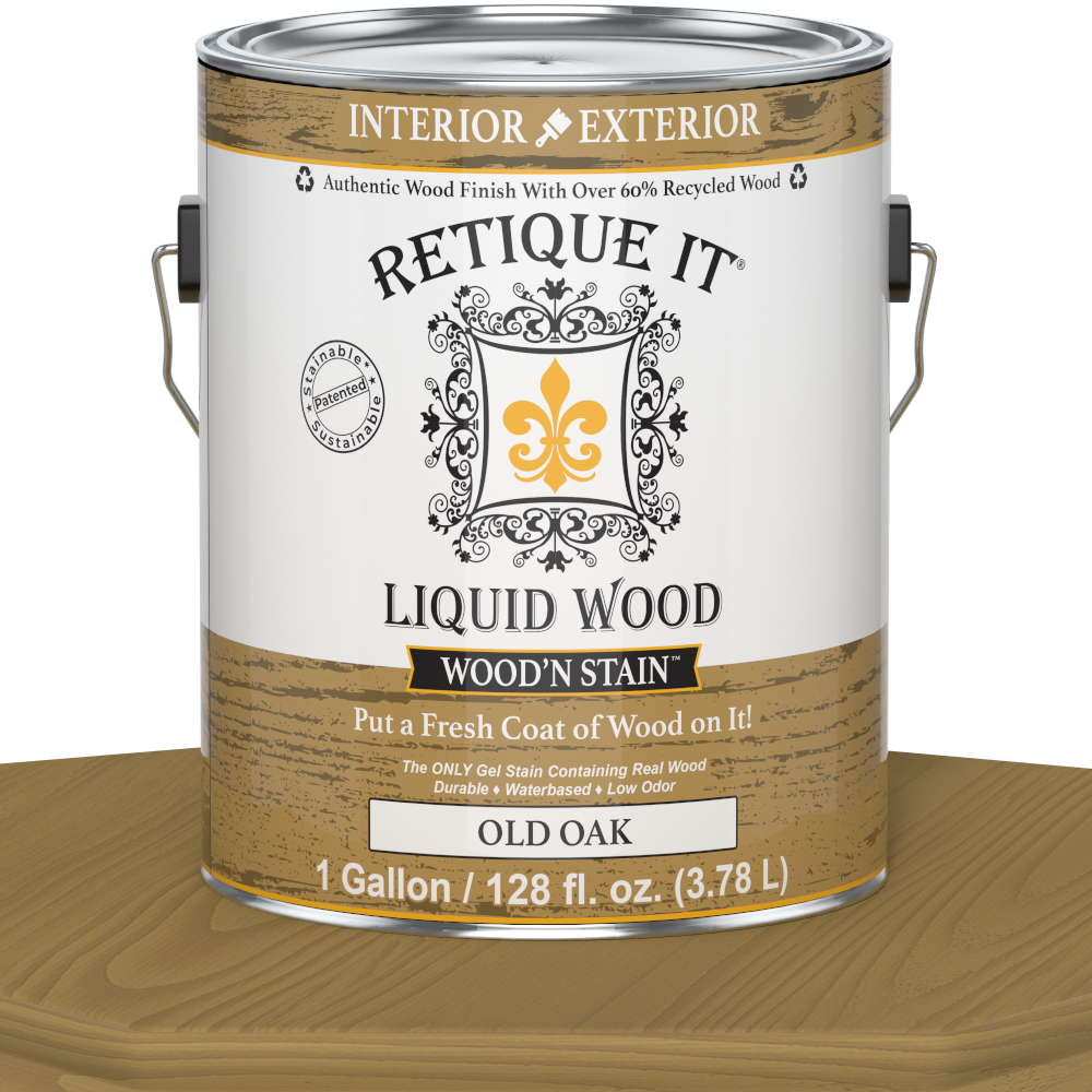 Liquid Wood Wood'n Stain in Old Oak color by Retique It, 128 oz bottle, showing the stain's natural wood finish and branding.