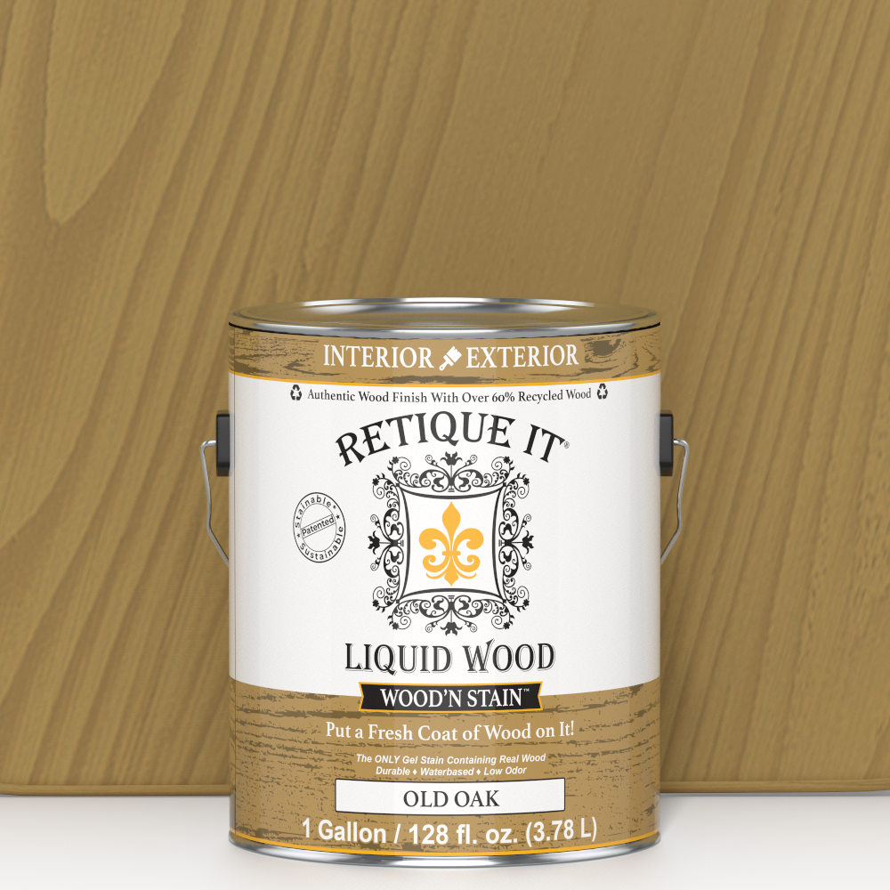 Retique It Liquid Wood Wood'n Stain in Old Oak, 128 oz, showing a container of stain with wood grain sample.
