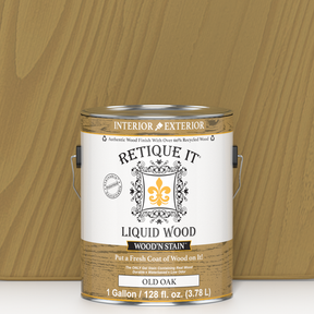 Retique It Liquid Wood Wood'n Stain in Old Oak, 128 oz, showing a container of stain with wood grain sample.