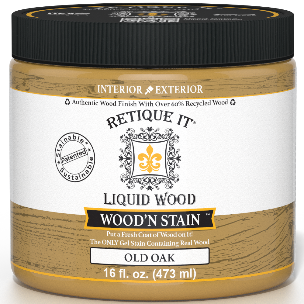 Retique It Liquid Wood Wood'n Stain in Old Oak, 16 oz, showing the rich wood stain color and packaging.