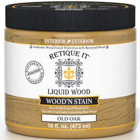 Retique It Liquid Wood Wood'n Stain in Old Oak, 16 oz, showing the rich wood stain color and packaging.