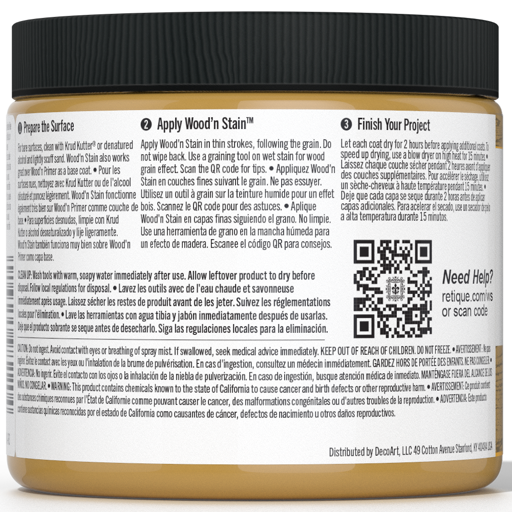 Retique It Liquid Wood Wood'n Stain in Old Oak, 16 oz bottle, showcasing the stain's rich wood tone and smooth application.